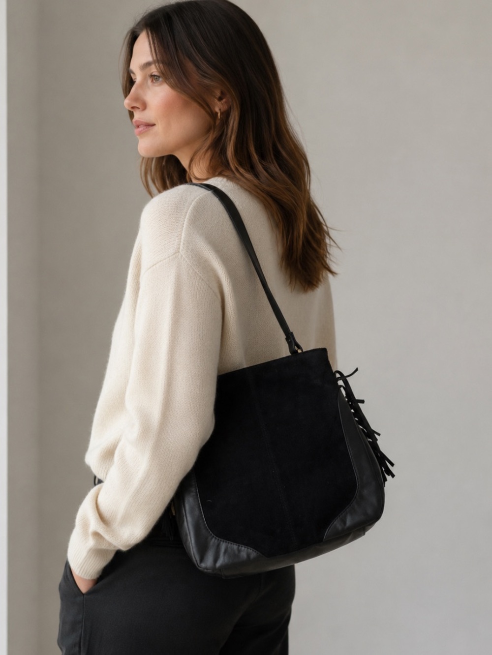 OKPTA Black Suede & Leather Hobo Shoulder Bag with Tassel Accent NWOT